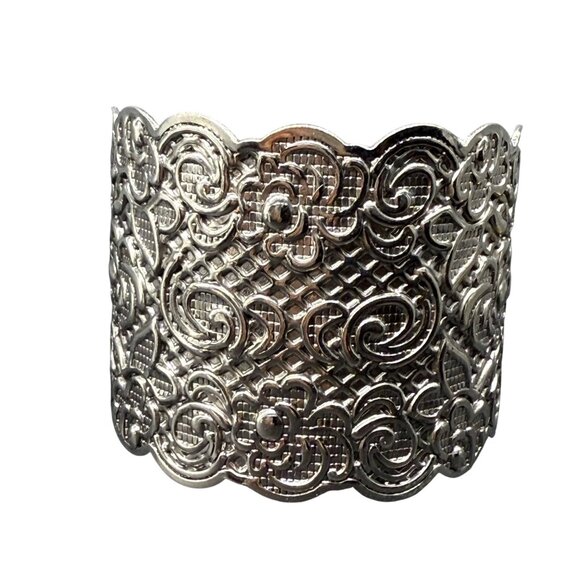 Silver Plated Wide Cuff Bracelet With Intricate Floral & Swirl Design Adjustable - Picture 7 of 7